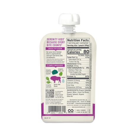 Serenity Kids food pouch with nutrition label on a white background