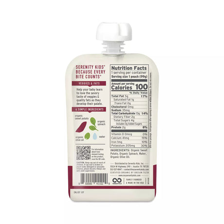 Serenity Kids food pouch with nutrition label on a white background