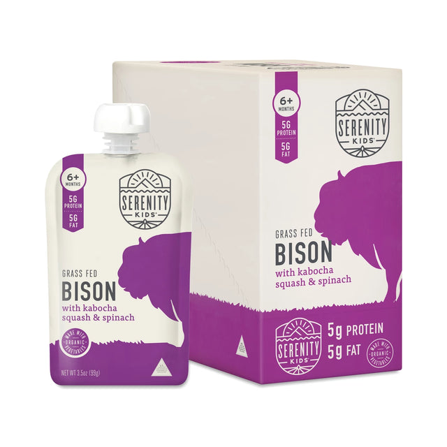 Serenity Kids grass-fed bison with kabocha squash & spinach packaging on a white background