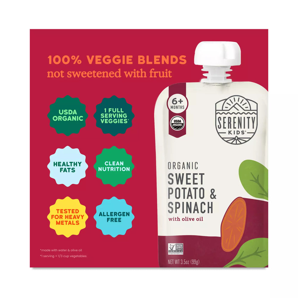 Serenity Kids organic sweet potato & spinach pouch with red label highlighting features