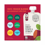 Serenity Kids organic sweet potato & spinach pouch with red label highlighting features