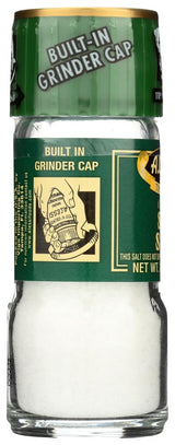 Shaker with green cap and white body, featuring a logo and text.