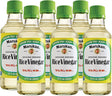 Six bottles of Marukan Rice Vinegar with green caps on a white background