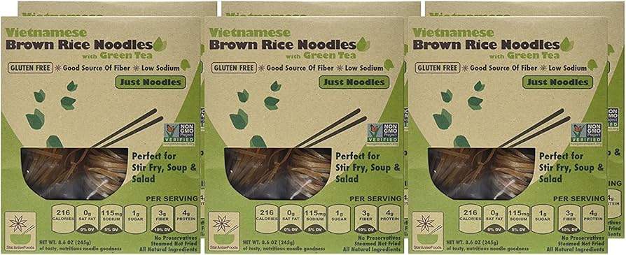 Six  boxes of Star Anise Vietnamese Brown Rice Noodles with green and brown design.