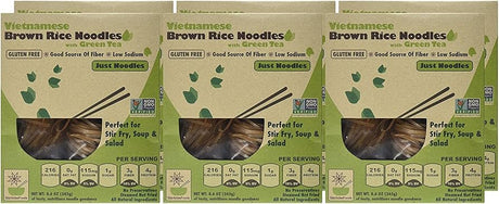 Six  boxes of Star Anise Vietnamese Brown Rice Noodles with green and brown design.