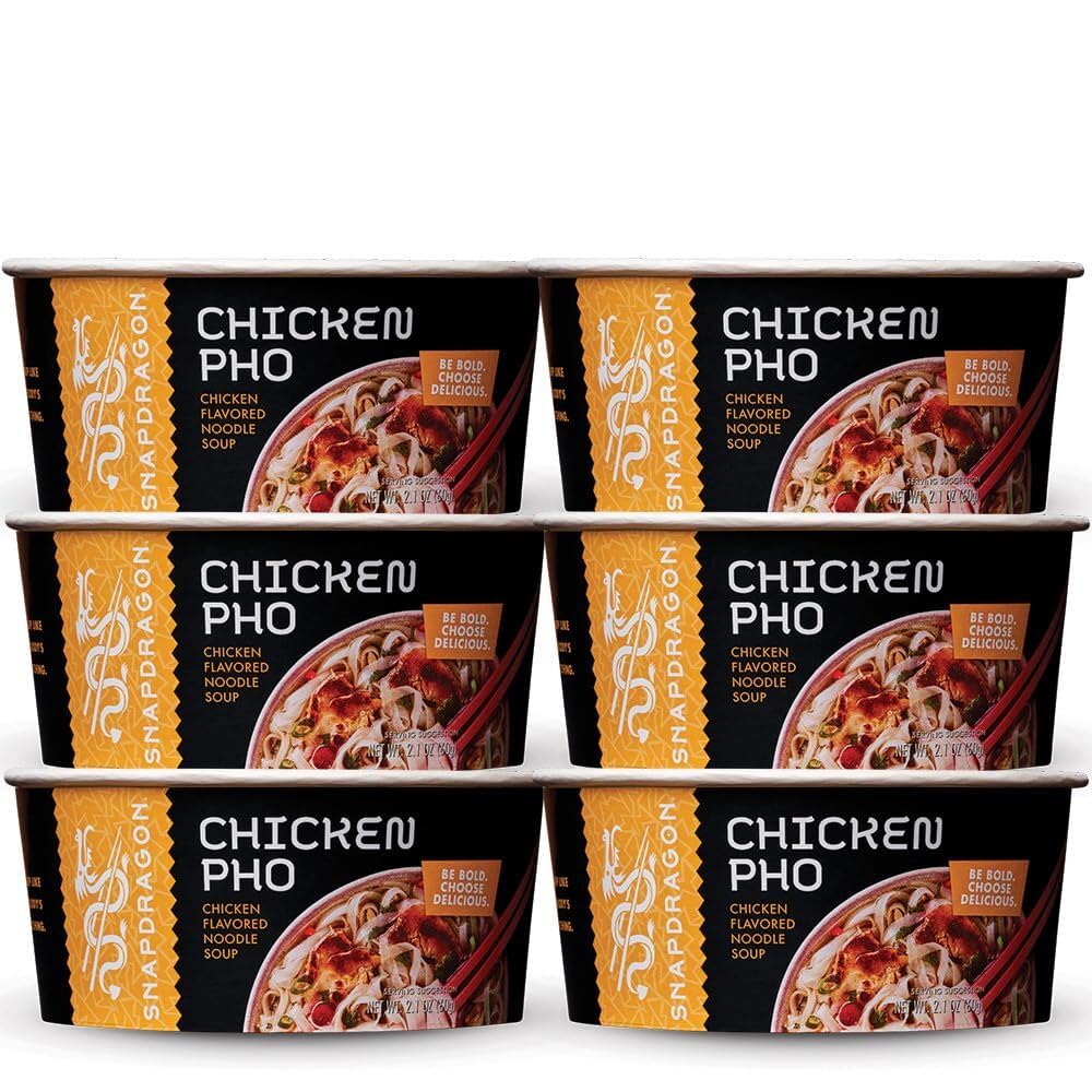 Six containers of Snapdragon Chicken Pho on a white background