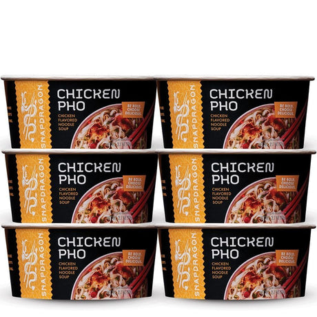 Six containers of Snapdragon Chicken Pho on a white background