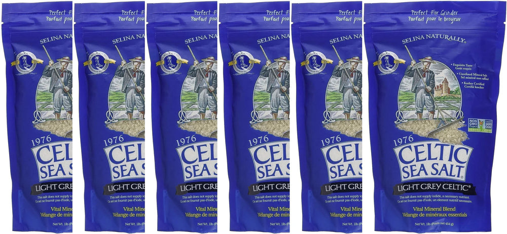 Six packages of Celtic Sea Salt on a white background
