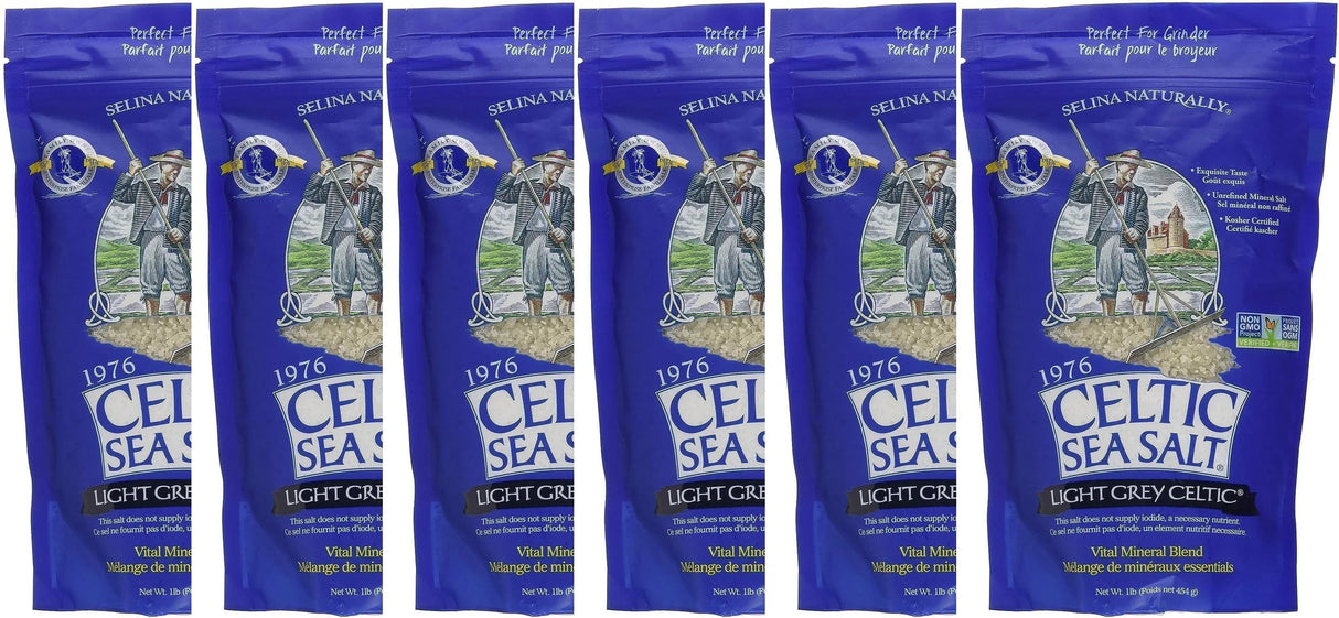 Six packages of Celtic Sea Salt on a white background