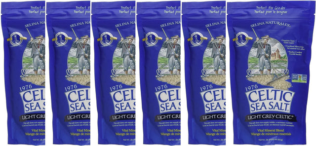 Six packages of Celtic Sea Salt on a white background