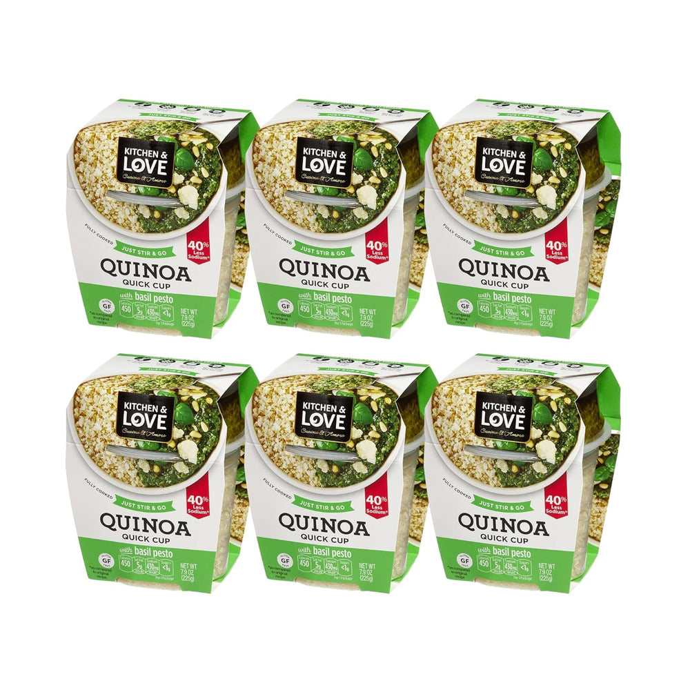 Six packages of Kitchen & Love Quinoa Quick Cups on a white background