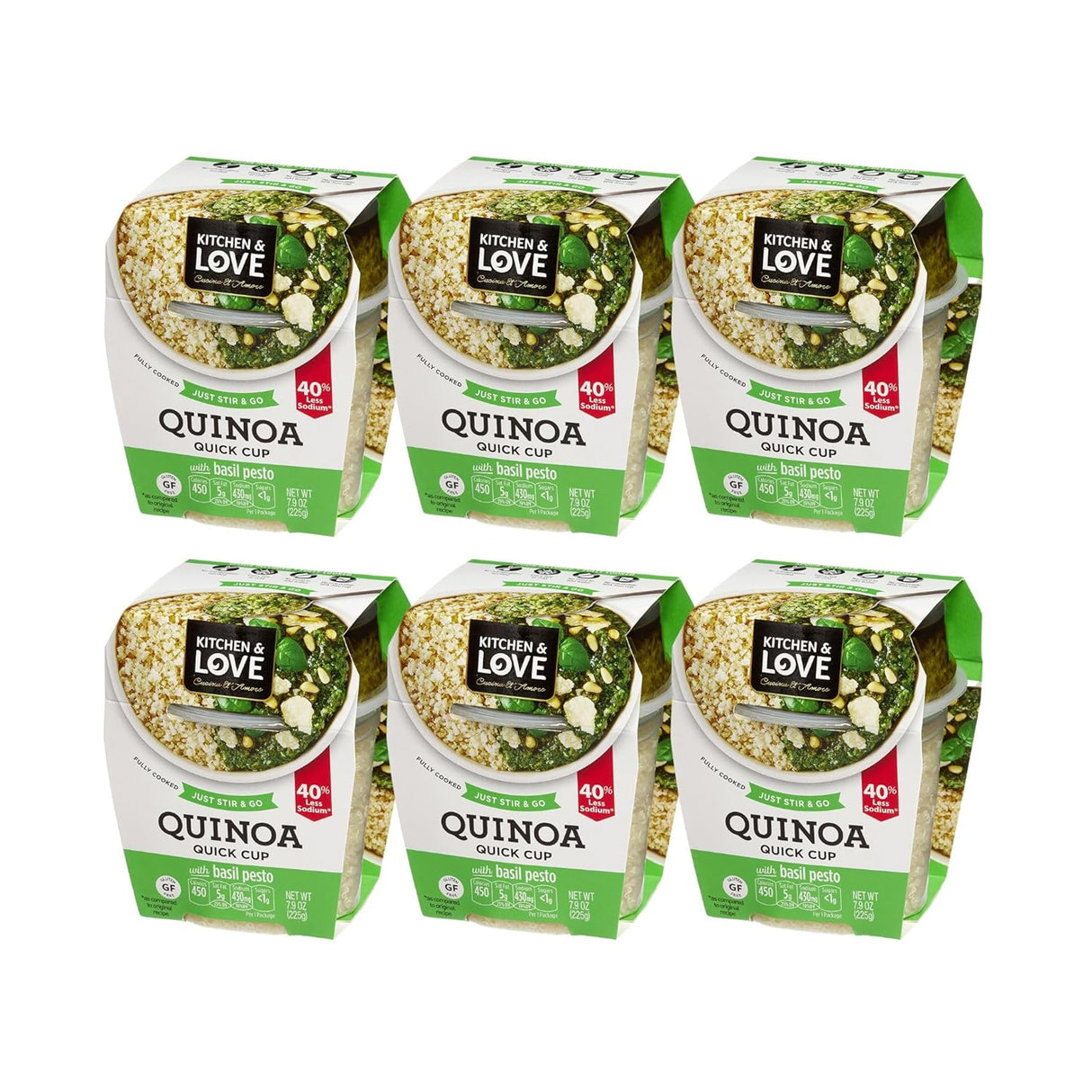 Six packages of Kitchen & Love Quinoa Quick Cups on a white background