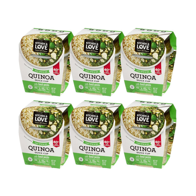Six packages of Kitchen & Love Quinoa Quick Cups on a white background