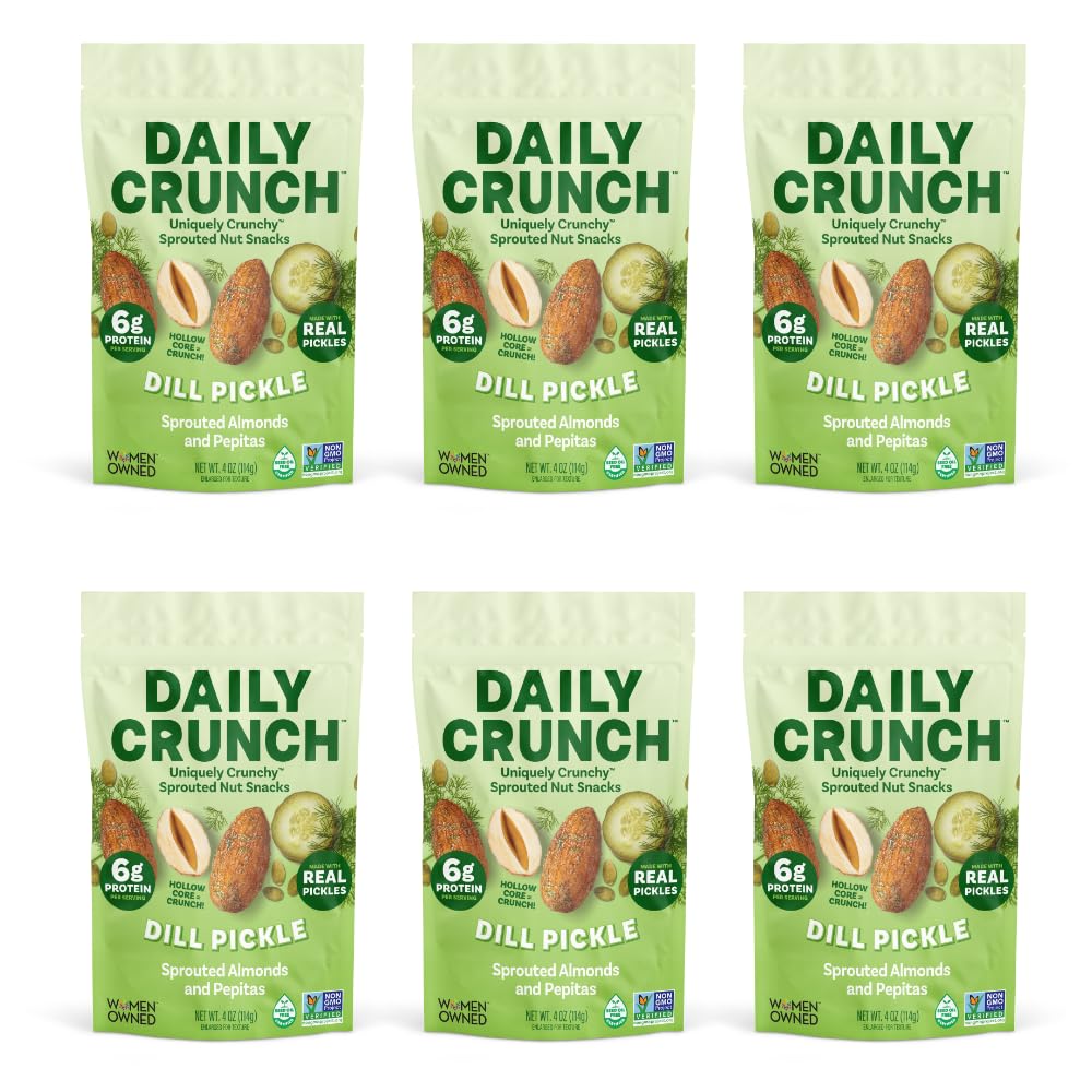 Six packs of Daily Crunch Dill Pickle snack bags on a white background