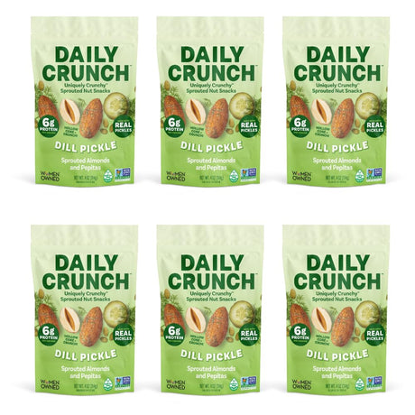 Six packs of Daily Crunch Dill Pickle snack bags on a white background