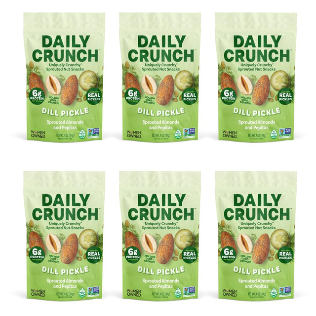 Six packs of Daily Crunch Dill Pickle snack bags on a white background