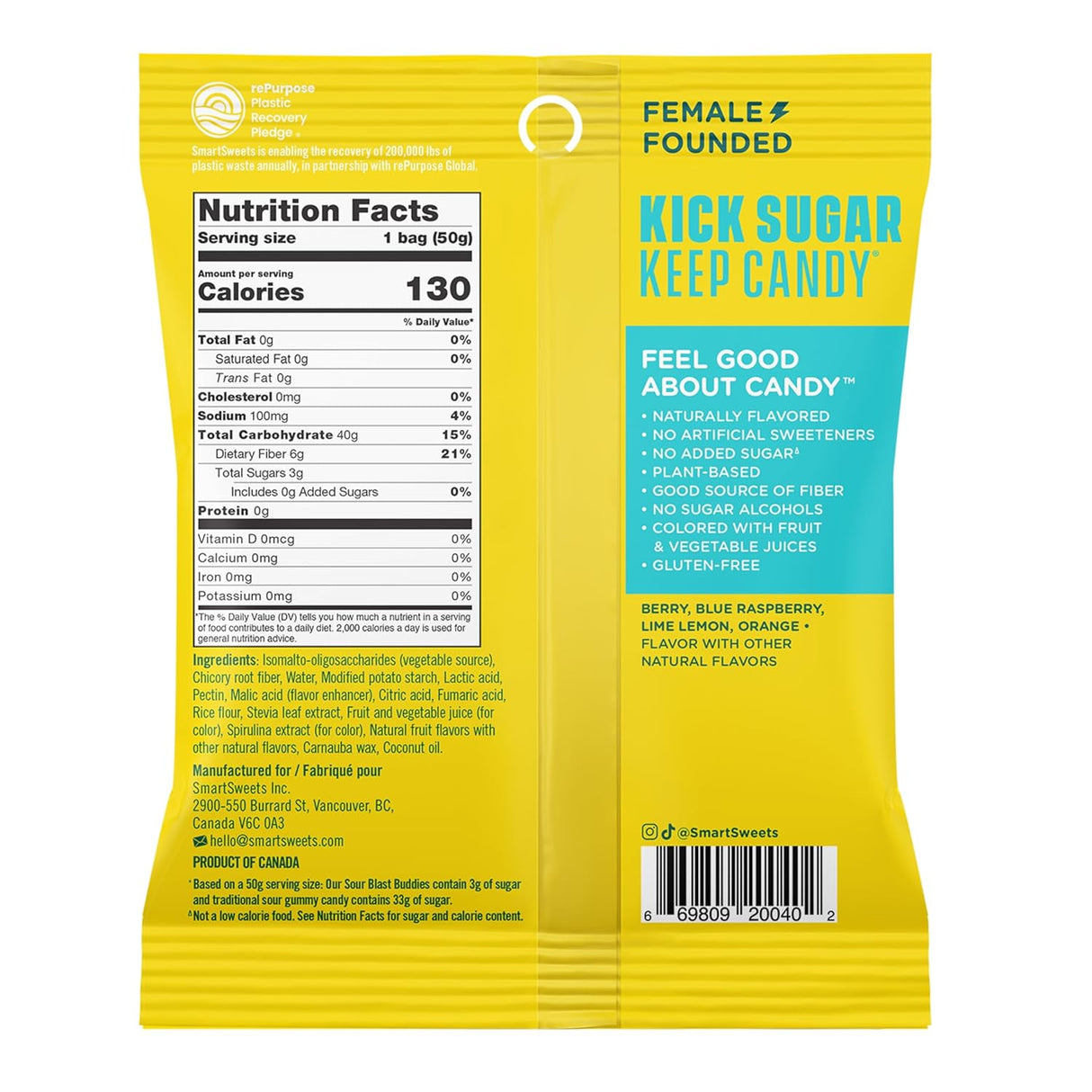 Smart Sweets Sour Blast Buddies candy  with nutritional information and product details on a yellow background