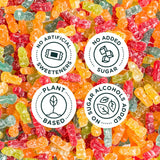 Colorful  Sour Blast Buddies with health-related certification badges on a background of Sour Blast Buddies