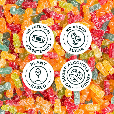 Colorful  Sour Blast Buddies with health-related certification badges on a background of Sour Blast Buddies