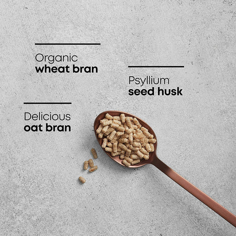 Spoonful of organic wheat bran, psyllium seed husk, and oat bran on a gray background