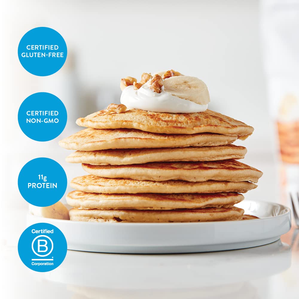 Stack of pancakes with toppings on a plate, featuring certification badges on a white background.