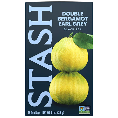Stash Double Bergamot Earl Grey black tea package with bergamot fruit illustration on a white background