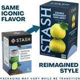 Two Stash Double Bergamot Earl Grey tea boxes with text indicating a reimagined style.