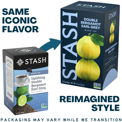 Two Stash Double Bergamot Earl Grey tea boxes with text indicating a reimagined style.