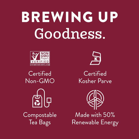 Stash Tea Chai Spiced Green Tea, 20 Tea Bags  white text and icons indicating non-GMO, kosher parve, compostable tea bags, and renewable energy use.