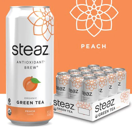 Steaz Lightly Sweetened Green Tea with Peach Flavor - 16 Fl Oz - Case of 12