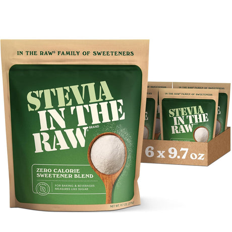 Stevia in the Raw packaging with a box of 6 packages on a white background