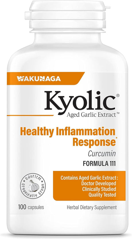 Supplement bottle labeled 'Kyolic' by Wakunaga on a white background