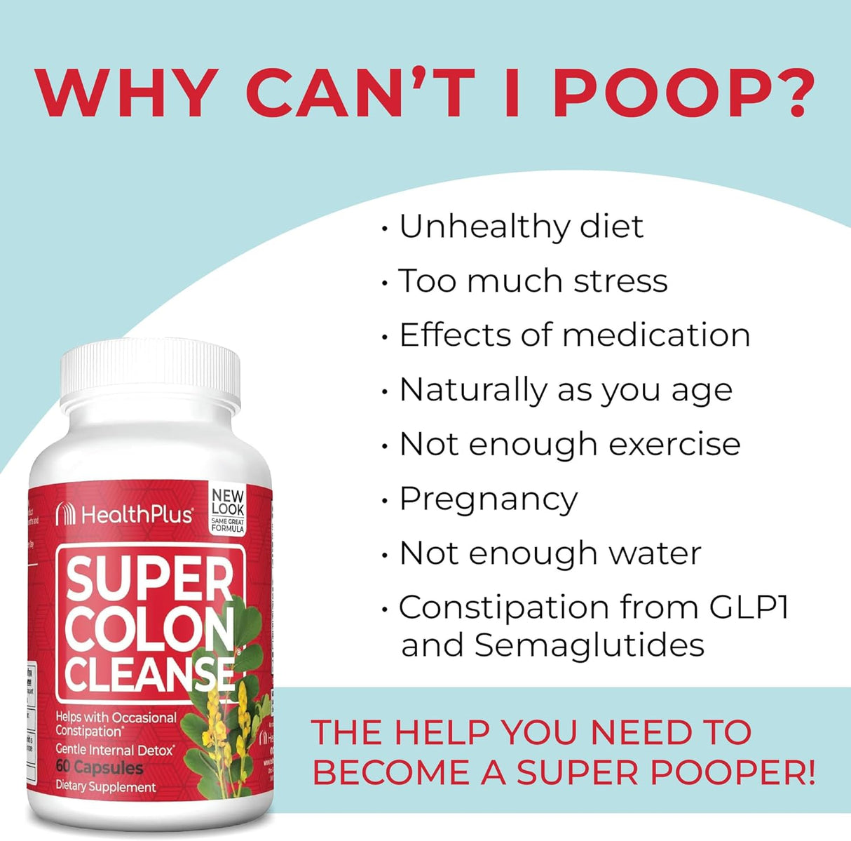 Supplement bottle labeled 'Super Colon Cleanse' with a list of reasons for constipation on a light blue background.