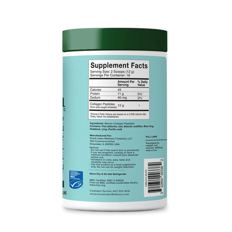 Supplement container with a green lid and blue label displaying supplement facts.