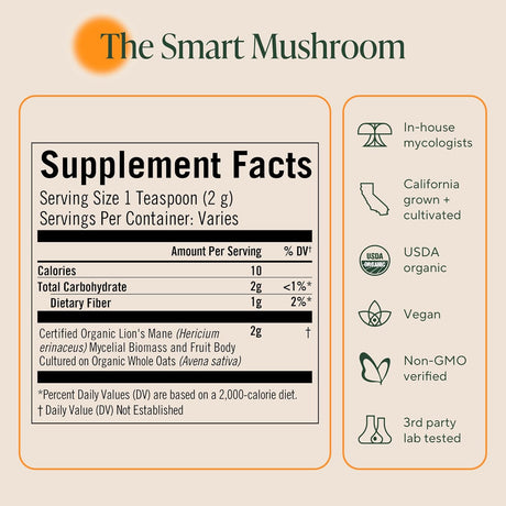 Supplement facts label for 'The Smart Mushroom' with certification icons on a beige background.