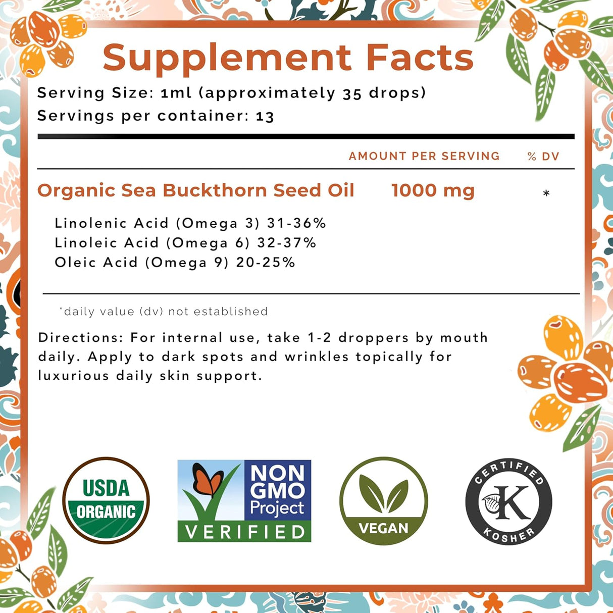 Supplement facts label with organic and certified logos on a decorative background