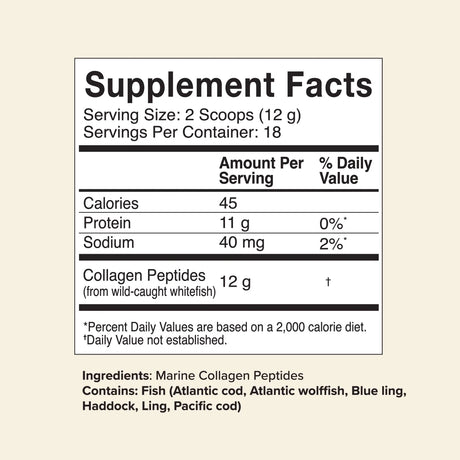 Supplement facts label with serving size, calories, protein, sodium, and collagen peptides per serving on a beige background.