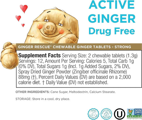 Supplement label for Active Ginger Chewable Ginger Tablets with cartoon ginger character and supplement facts.