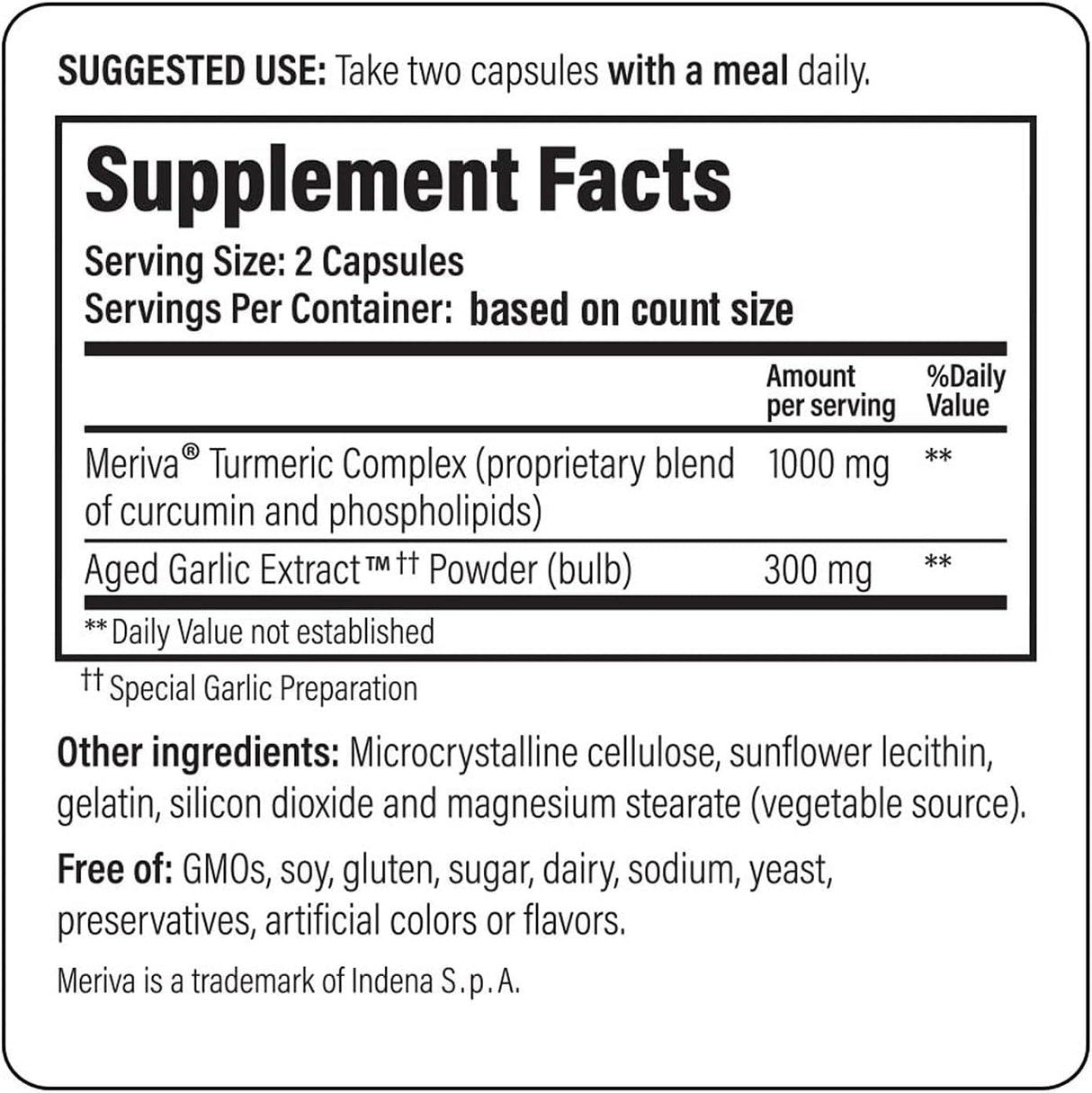 Supplement label with Meriva Turmeric Complex and Aged Garlic Extract on a white background