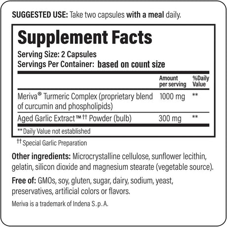 Supplement label with Meriva Turmeric Complex and Aged Garlic Extract on a white background