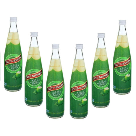 Multiple bottles of Taste Nirvana Real Coconut Water on a white background