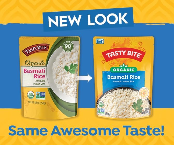 Tasty Bite Organic Basmati Rice packaging with a 'New Look' label on a blue and yellow background.