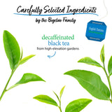 Tea leaves with Bigelow tea bag and text about carefully selected ingredients and decaffeinated black tea.