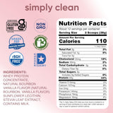 Nutrition label for a protein product with various certification logos on a pink background