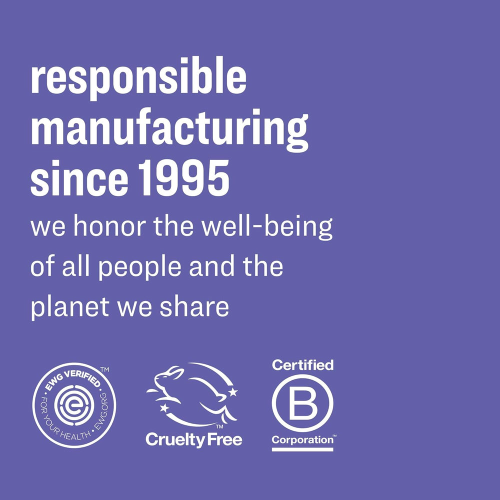 Text and logos on a blue background about responsible manufacturing, cruelty-free status, and B-Corp certification.