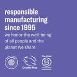 Text and logos on a blue background about responsible manufacturing, cruelty-free status, and B-Corp certification.