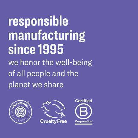 Text and logos on a blue background about responsible manufacturing, cruelty-free status, and B-Corp certification.