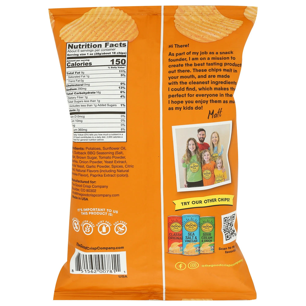 Back view of The Good Crisp Company BBQ Crinkle Potato Chips, 5.5 Oz (12 Pack) with text, nutrition facts, and a QR code on a white background