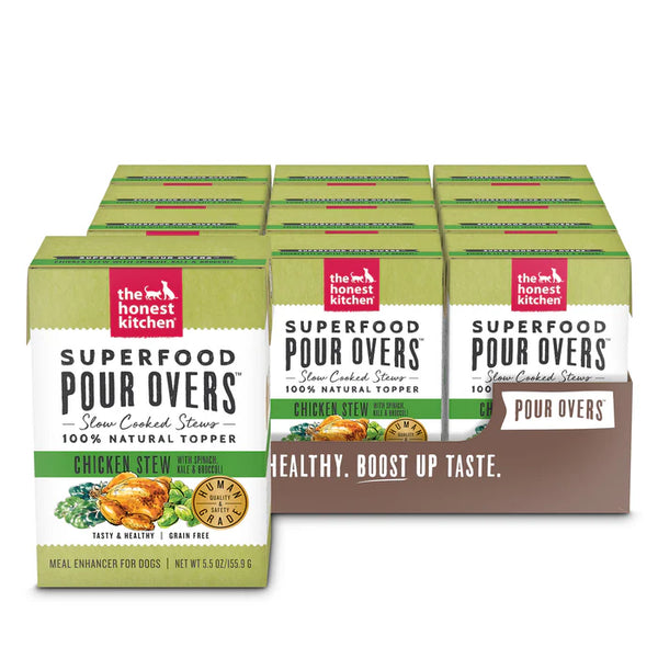 Multiple boxes of The Honest Kitchen Superfood Pour Over for dogs on a white background