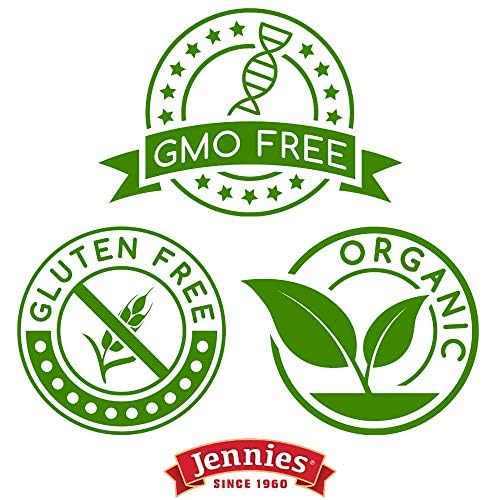 Three green certification logos for GMO free, gluten free, and organic with Jennies logo at the bottom.